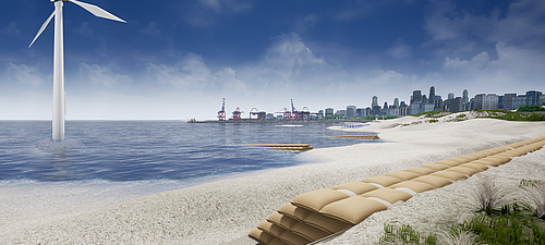 Muros de contenção de margens e revestimentos concebidos com segurança com os sacos SoilTain da Hüsker Sacos de areia SoilTain da Huesker como muros costeiros e contenções em terra e na água, incluindo contenções para turbinas eólicas offshore