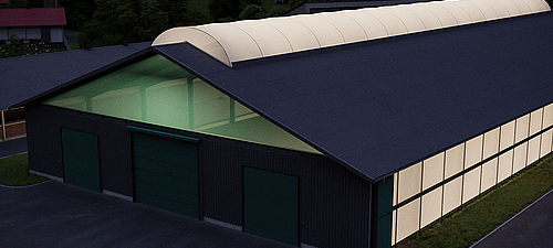 Iluminação natural e ativa no celeiro Iluminação natural e ativa no estábulo - cumeeira Lubratec e iluminação LED para o bem-estar dos animais