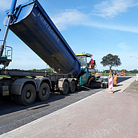 Camião basculante despeja asfalto numa máquina de termo para asfaltar uma estrada com o material compósito SamiGrid®.