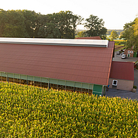 Edifício estável com cume ligeiro e ventilação sinuosa atrás de um campo de milho