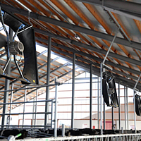 Grande plano de um ventilador axial Lubratec instalado num barracão de vacas