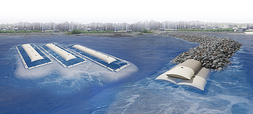 Groynes e quebra-mares realizados com tubos SoilTain para uma proteção costeira eficaz Tubos SoilTain com tapete de proteção contra a erosão como estrutura central e tubos SoilTain para proteção costeira, cobertos por pedras de blindagem