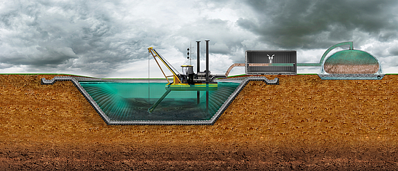 Bacia de retenção de enchentes e águas pluviais com revestimento de manta de concreto e controle de erosão Bacia de retenção de inundações e águas pluviais com revestimento de esteira de concreto e tubos de drenagem anexados