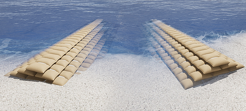 Implementação eficaz de esporões e quebra-mares com SoilTain Bags para controlo da erosão Dois sacos SoilTain da Hüsker sobressaem da terra para o mar e servem como quebra-mares e esporões inovadores